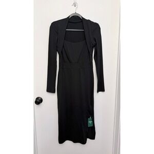 NWT Halara Black 2 in 1 Mock Shrug Square Neck Slit Midi Dress Small S